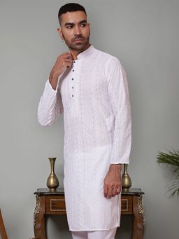 Jompers - Men White Cotton Mandarin Neck Embroidered Kurta