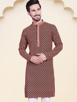 Jompers - Men Peach Viscose Rayon Mandarin Neck Embroidered Kurta
