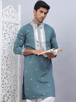Jompers - Men Grey Silk Blend Mandarin Neck Embroidered Kurta