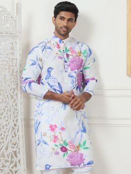Jompers - Men Blue Cotton Mandarin Neck Printed Kurta