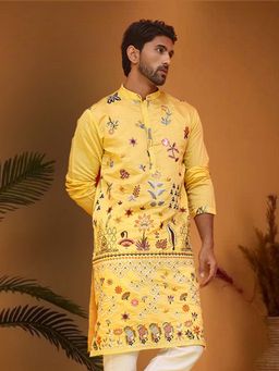 Jompers - Men Yellow Silk Blend Mandarin Neck Embroidered Kurta