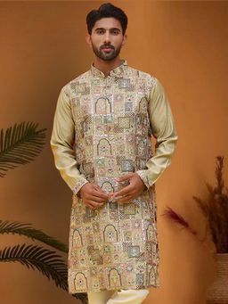 Jompers - Men Green Silk Blend Mandarin Neck Embroidered Kurta