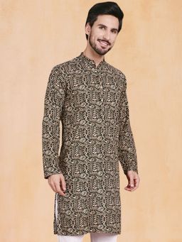Jompers - Men Olive Viscose Rayon Mandarin Neck Abstract Printed Kurta