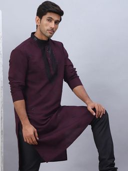 Jompers - Men Wine Silk Blend Mandarin Neck Embroidered Kurta