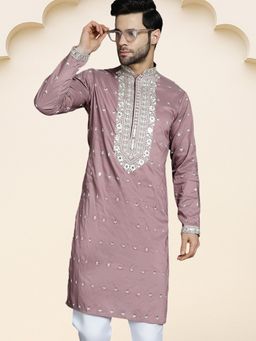 Jompers - Men Purple Cotton Blend Mandarin Neck Embroidered Kurta