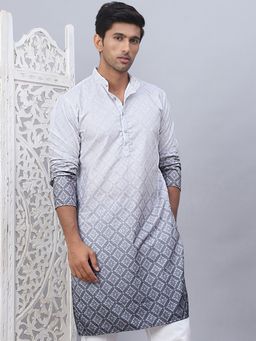 Jompers - Men Grey Cotton Mandarin Neck Printed Kurta
