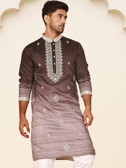 Jompers - Men Brown Silk Blend Mandarin Neck Embroidered Kurta