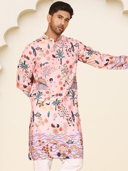 Jompers - Men Peach Cotton Blend Mandarin Neck Printed Kurta