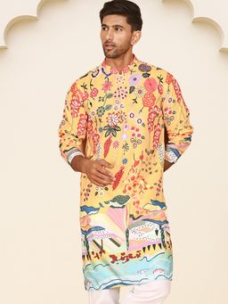 Jompers - Men Yellow Cotton Blend Mandarin Neck Printed Kurta