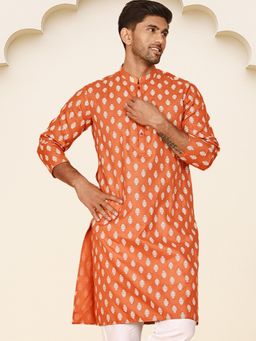 Jompers - Men Orange Cotton Blend Mandarin Neck Floral Kurta