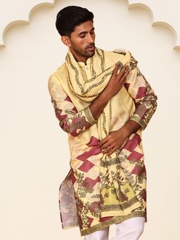 Jompers - Men Yellow Silk Blend Mandarin Neck Floral Kurta with Dupatta
