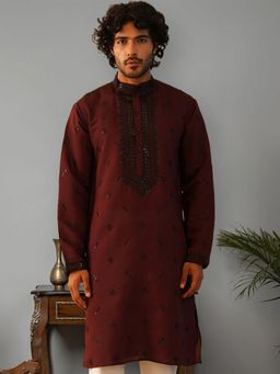Jompers - Men Maroon Cotton Silk Mandarin Neck Embroidered Kurta