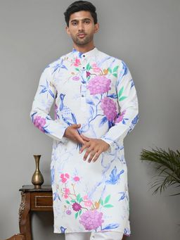 Jompers - Men Blue Cotton Mandarin Neck Printed Kurta