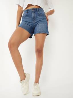 max - Women Washed Denim Shorts-Blue