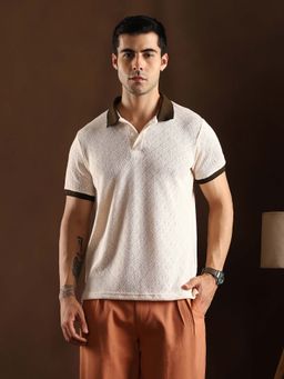 Campus Sutra - Men Chalk White and Chocolate Brown Contrast Quad Polo T-Shirt