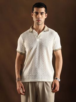 Campus Sutra - Men Chalk White and Sand Beige Contrast Rhombus Polo T-Shirt