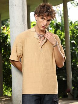 Campus Sutra - Men Buff Beige Bubble Cuban Polo T-Shirt