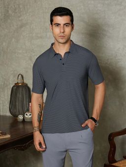 Campus Sutra - Men Charcoal Grey Seamless Striped Polo T-Shirt