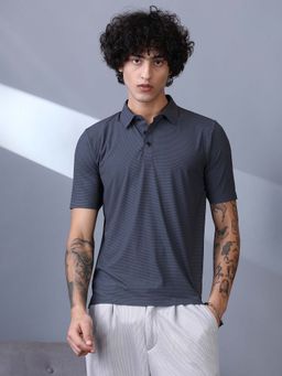 Campus Sutra - Men Charcoal Grey Seamless Striped Polo T-Shirt
