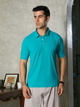 Campus Sutra - Men Aqua Green Seamless Striped Polo T-Shirt