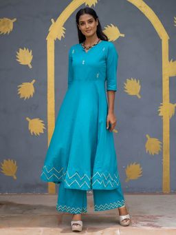 Jaipur Kurti - Women Turquoise Solid Embroidered Cotton Flared Kurta With Palazzos