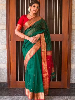 Odette - Dark Green Silk Blend Zari Work Saree For Women with Unstitched Blouse