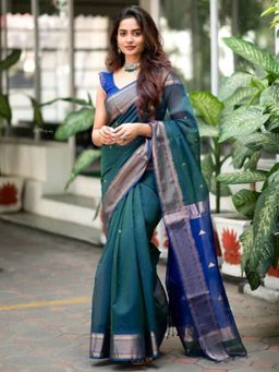 Odette - Teal Silk Blend Zari Work Saree For Women with Unstitched Blouse