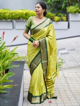 Odette - Lime Green Silk Blend Zari Work Saree For Women with Unstitched Blouse