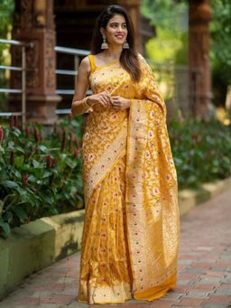 Odette - Mustard Yellow Silk Blend Zari Work Saree For Women with Unstitched Blouse