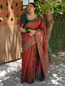 Odette - Maroon Silk Blend Zari Work Saree For Women with Unstitched Blouse
