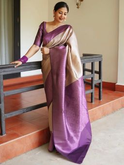 Odette - Beige Silk Blend Zari Work Saree For Women with Unstitched Blouse