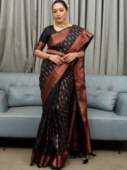 Odette - Black Silk Blend Zari Work Saree For Women with Unstitched Blouse
