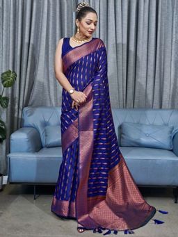 Odette - Dark Blue Silk Blend Zari Work Saree For Women with Unstitched Blouse