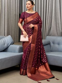 Odette - Dark Maroon Silk Blend Zari Work Saree For Women with Unstitched Blouse