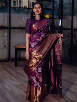 Odette - Dark Purple Silk Blend Zari Work Saree For Women with Unstitched Blouse