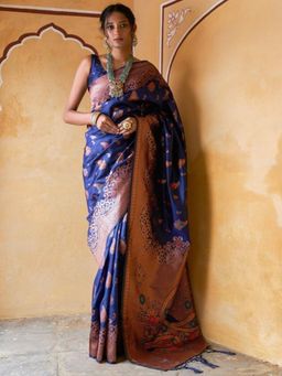 Odette - Navy Blue Silk Blend Zari Work Saree For Women with Unstitched Blouse