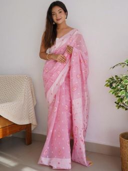 Odette - Light Pink Cotton Printed Saree For Women with Unstitched Blouse