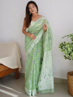 Odette - Green And Purple Cotton Printed Saree For Women with Unstitched Blouse