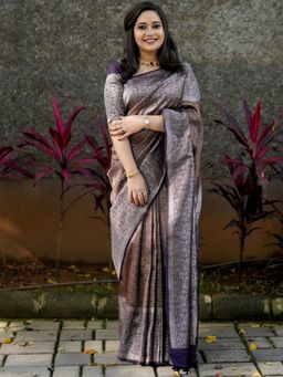 Odette - Deep Purple Silk Blend Zari Work Saree For Women with Unstitched Blouse