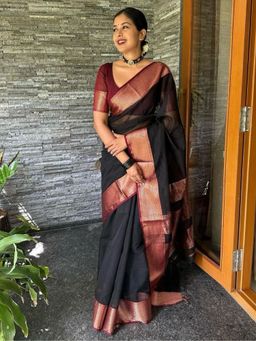 Odette - Black Silk Blend Zari Work Saree For Women with Unstitched Blouse
