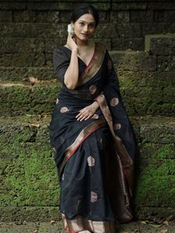 Odette - Black Silk Blend Zari Work Saree For Women with Unstitched Blouse