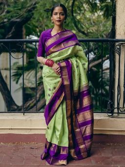 Odette - Pista Green Silk Blend Zari Work Saree For Women with Unstitched Blouse