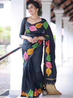 Odette - Black Silk Blend Printed Saree For Women with Unstitched Blouse