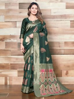 Odette - Dark Green Silk Blend Zari Work Saree For Women with Unstitched Blouse