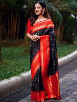 Odette - Black Silk Blend Zari Work Saree For Women with Unstitched Blouse
