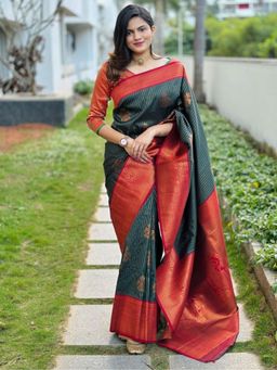 Odette - Teal Green Silk Blend Zari Work Saree For Women with Unstitched Blouse