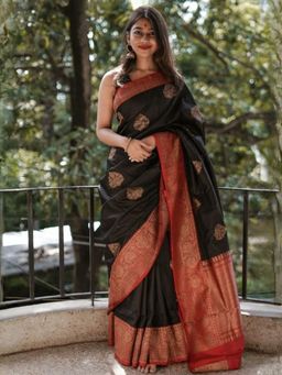 Odette - Black Silk Blend Zari Work Saree For Women with Unstitched Blouse