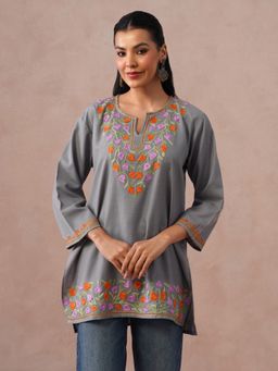 Kashmir Box - Kashmiri Aari Embroidered Women's Grey Ruby Round Neck Kurti