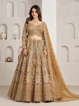 Odette - Beige Net Embellished Semi Stitched Lehenga Choli With Dupatta