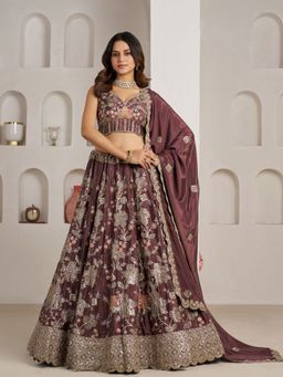 Odette - Mauve Wine Silk Blend Embellished Semi Stitched Lehenga Choli With Dupatta